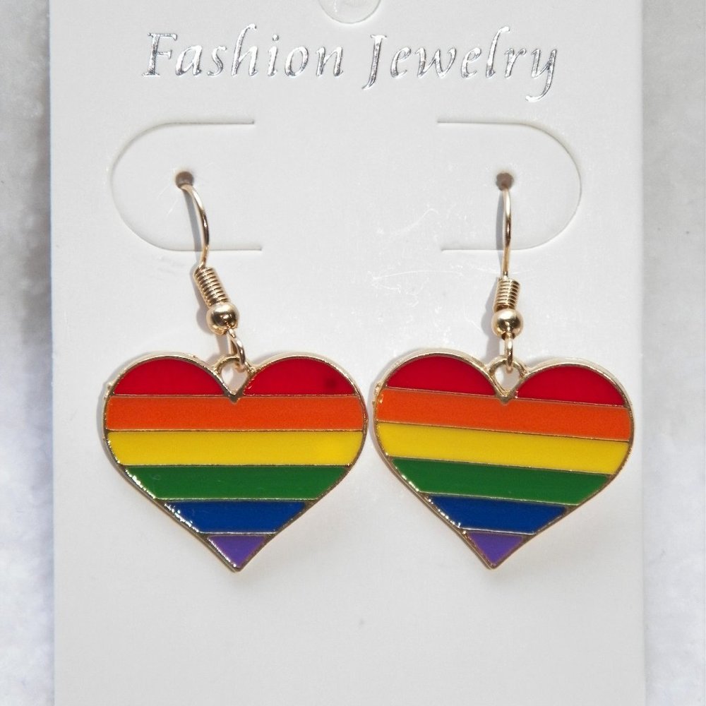 Gold Rainbow Heart Dangle Earrings Gay Pride LGBT